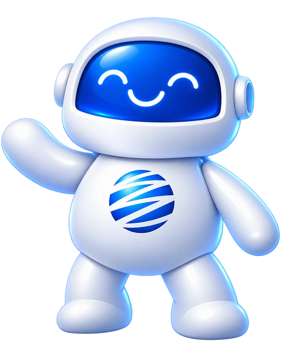 Globalito, o robozinho mascote, acenando