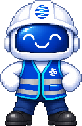 Globalito, o robozinho branco de capacete com visor azul sorridente